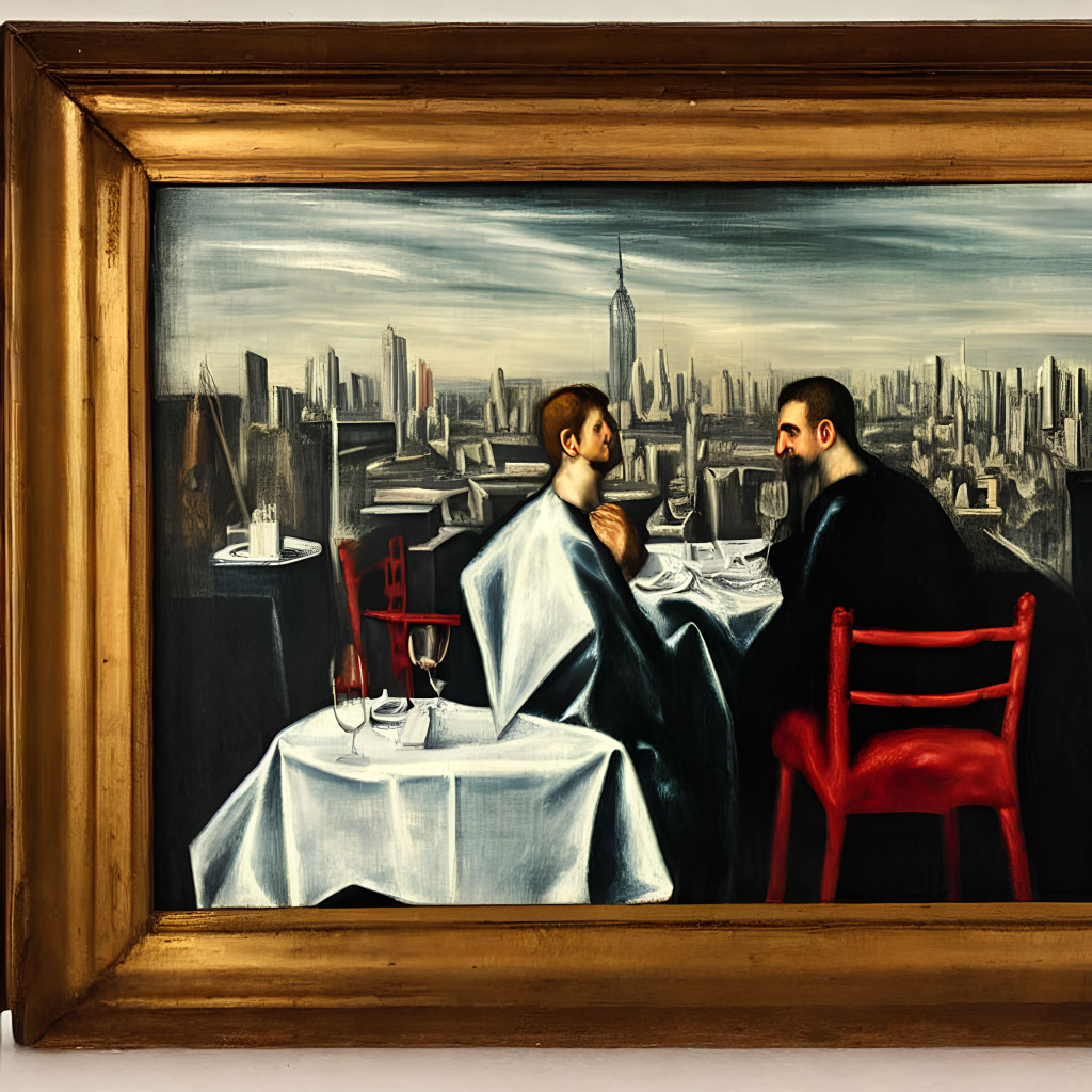 Men conversing at dining table with city skyline backdrop.