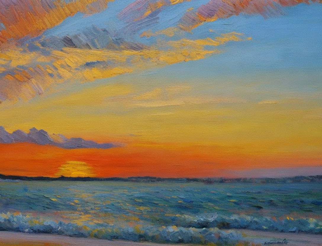 Vivid sunset painting: orange and blue skies, tumultuous sea, crashing waves, bright sun.