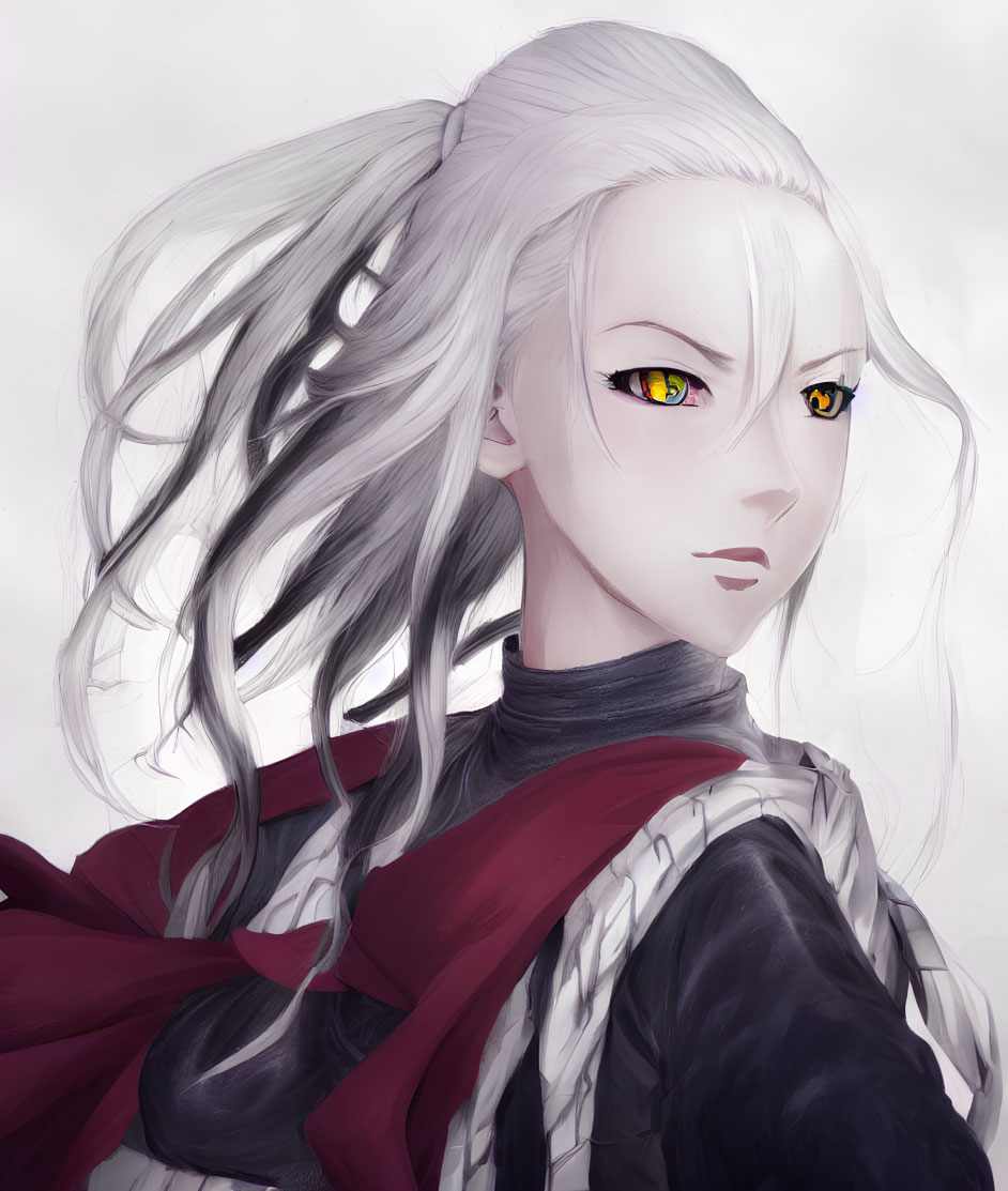 Character with Pale Skin, White Hair, Yellow Eyes, Dark Red Scarf, Black Top