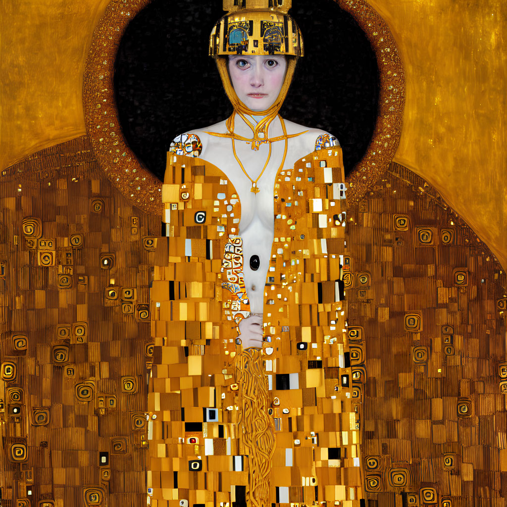 Golden mosaic-patterned gown woman in elaborate headdress against gold-embellished backdrop