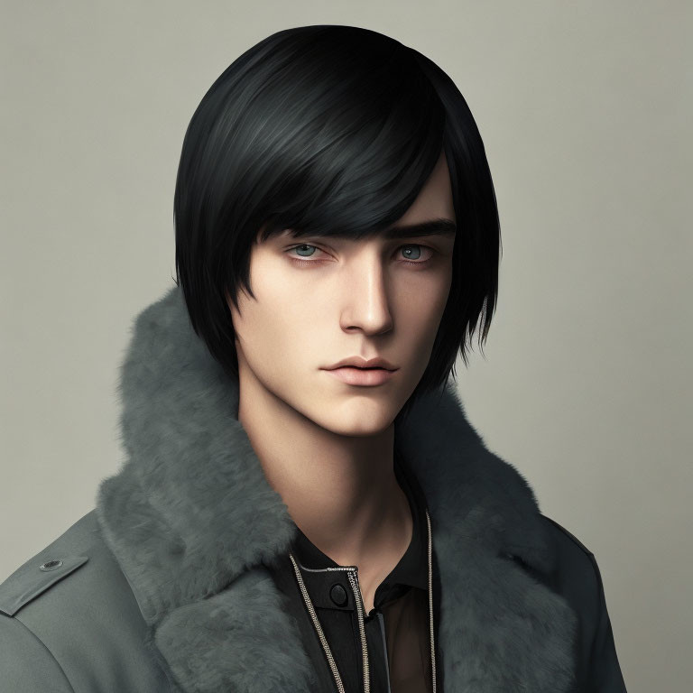 3D-rendered young man with black hair and blue eyes in fur collar jacket