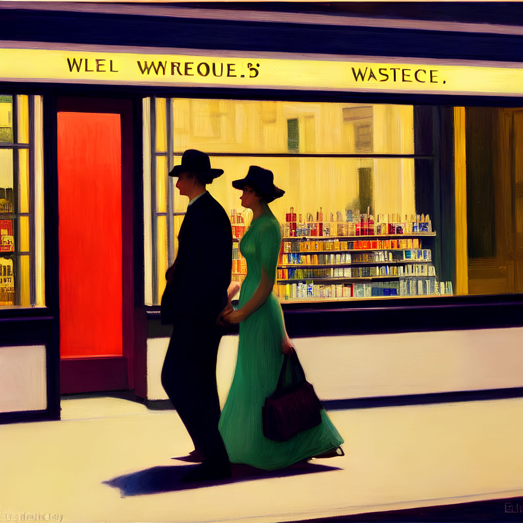 Man and woman in vintage attire pass by colorful storefront with early 20th-century items.