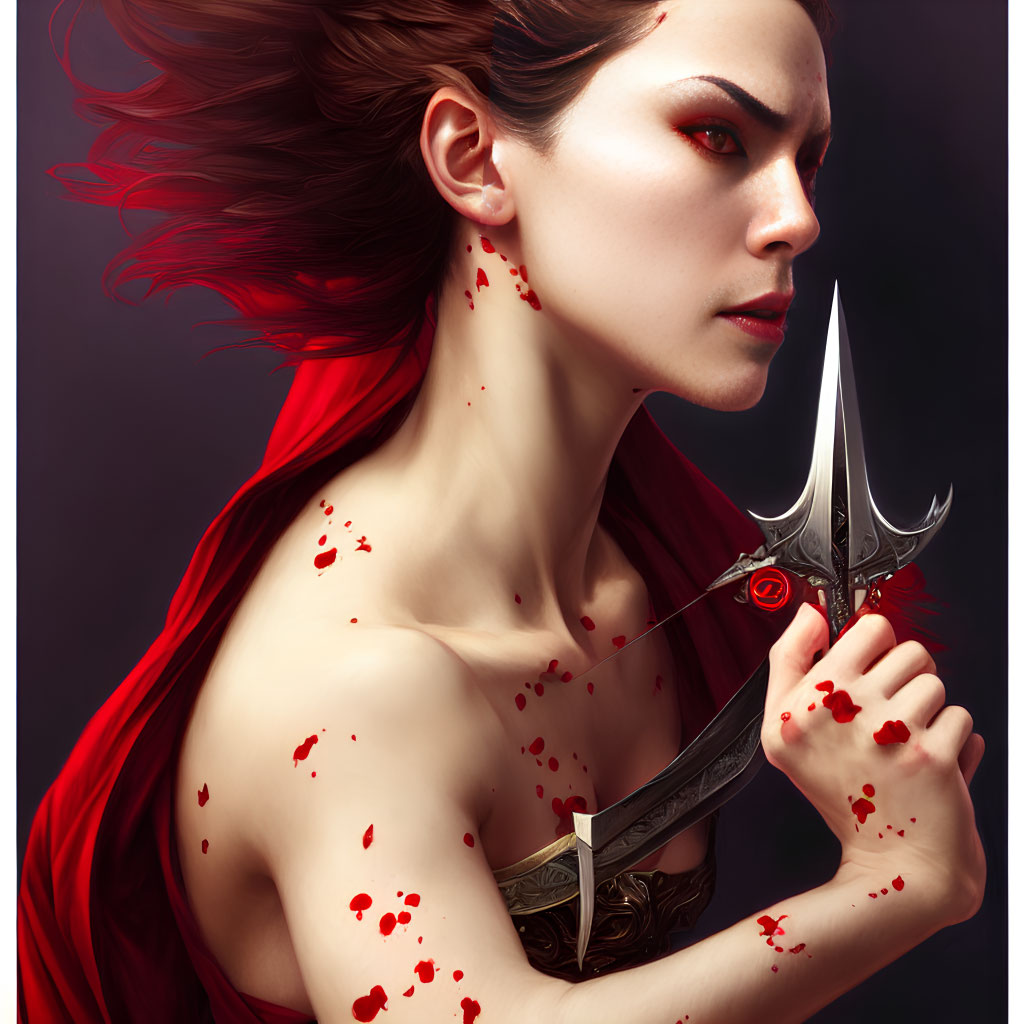 Red-haired woman in cloak wields sharp blade with blood splatters