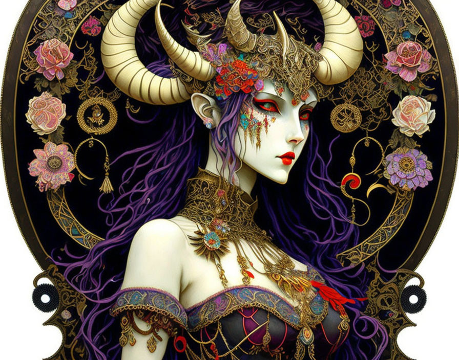 Fantastical female figure with horns, purple hair, intricate jewelry, and floral motifs in circular orn