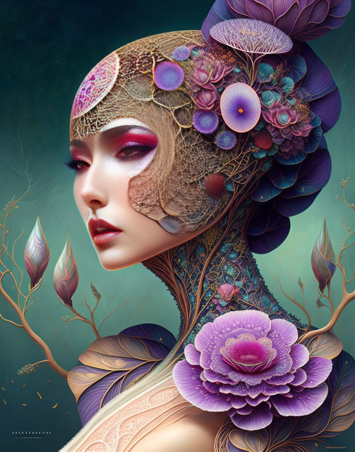 Colorful fantasy illustration of woman with floral motifs in hair