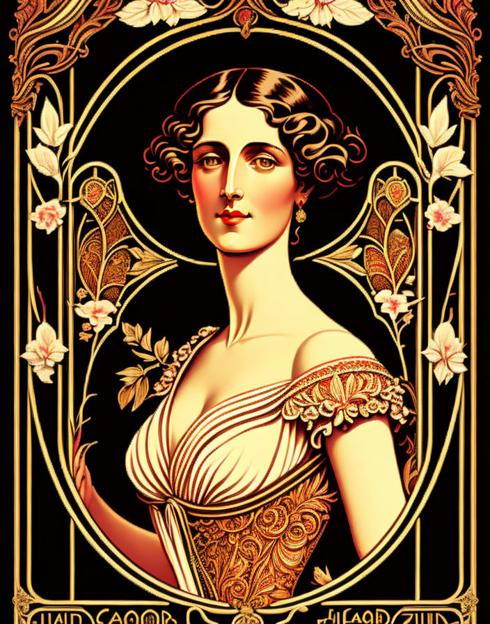 Art Nouveau Style Illustration of Elegant Woman with Floral and Geometric Designs