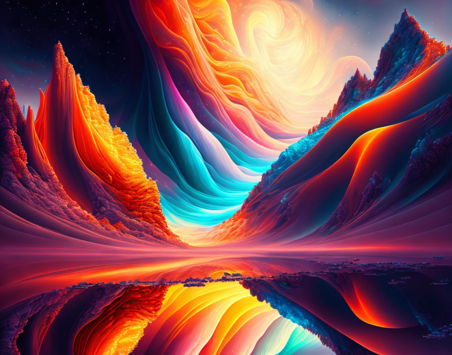 Surreal multicolored landscape with swirling patterns and starry sky