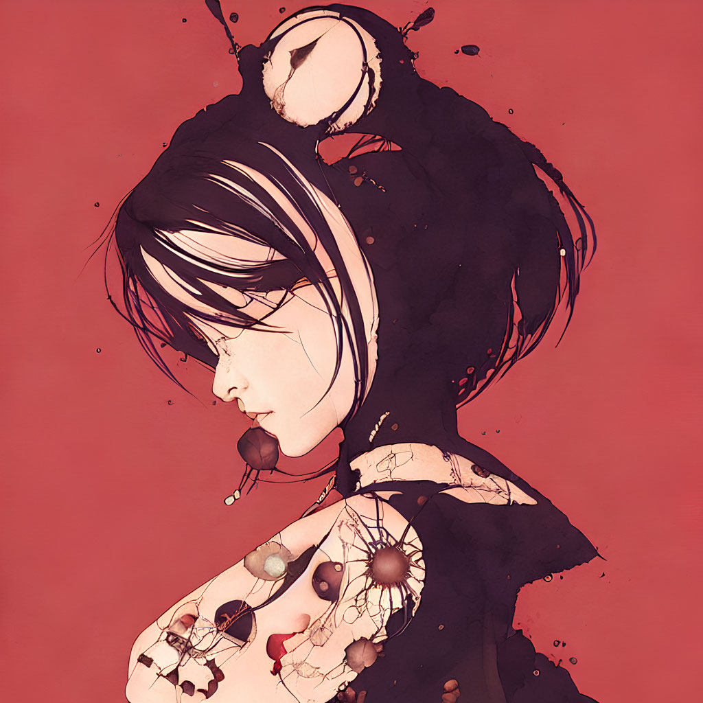 Illustration of girl with short hair on red background with abstract black ink splatters and whimsical circular