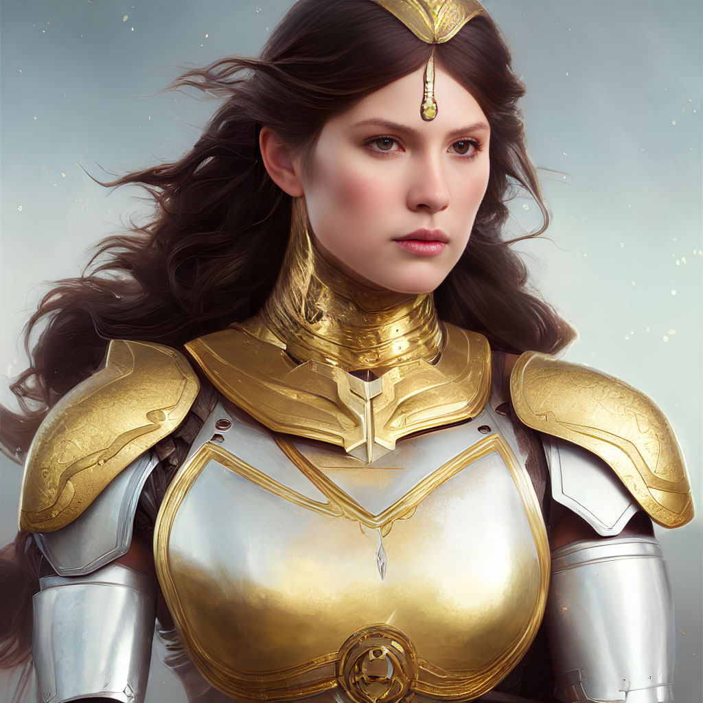 Detailed illustration of woman in golden medieval armor with jeweled headpiece