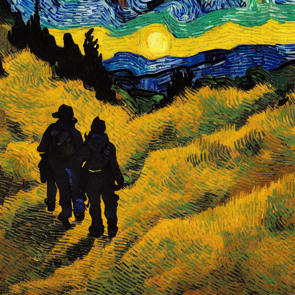 Silhouetted figures in vibrant yellow and blue landscape