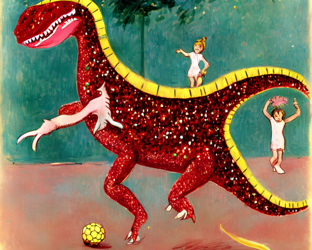 Whimsical illustration of children playing with red glittery dinosaur