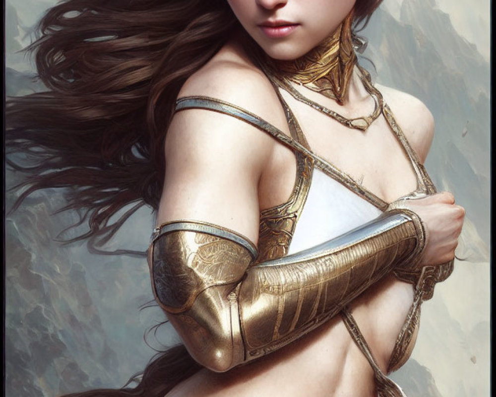 Fantasy warrior woman with brown hair in gold armor and white top