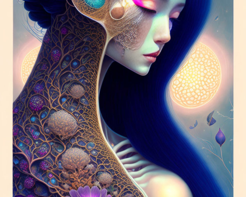 Colorful digital artwork: Woman with dark blue hair and intricate lace-like body patterns.