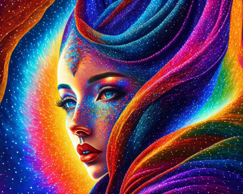 Cosmic-themed portrait of a woman with starry features