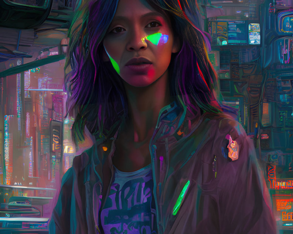 Woman with purple hair in futuristic cyberpunk cityscape