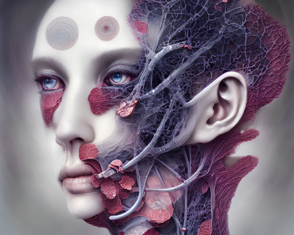 Surreal portrait of person with pale skin, blue eyes, and crimson vascular-like structures and leaves