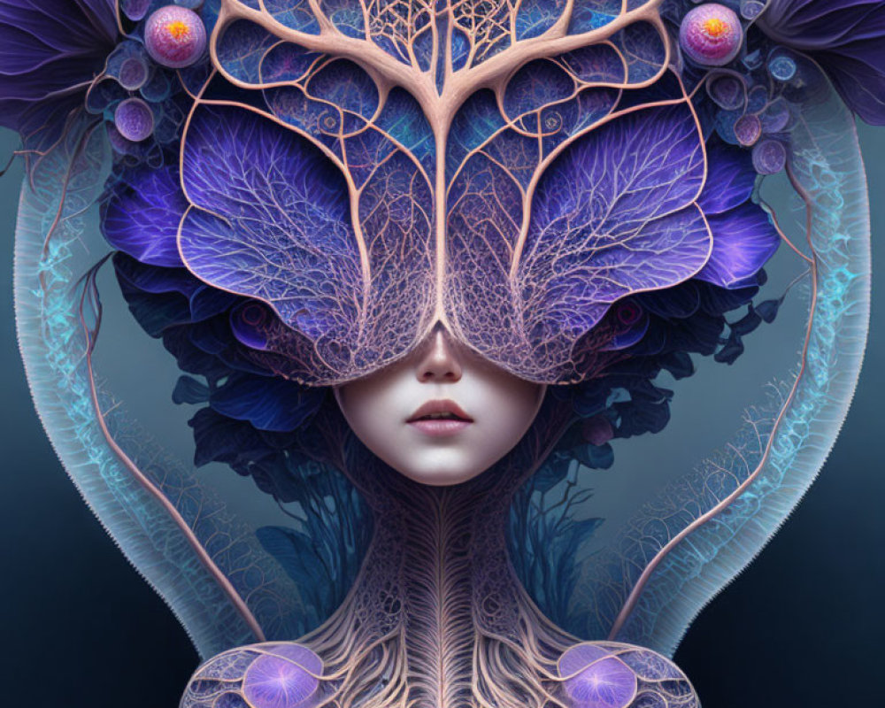 Surreal artwork featuring face with ornate tree-like structures