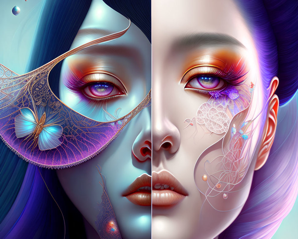 Split image of woman's face with surreal vibrant artwork: butterfly lace mask on one side, shimmering