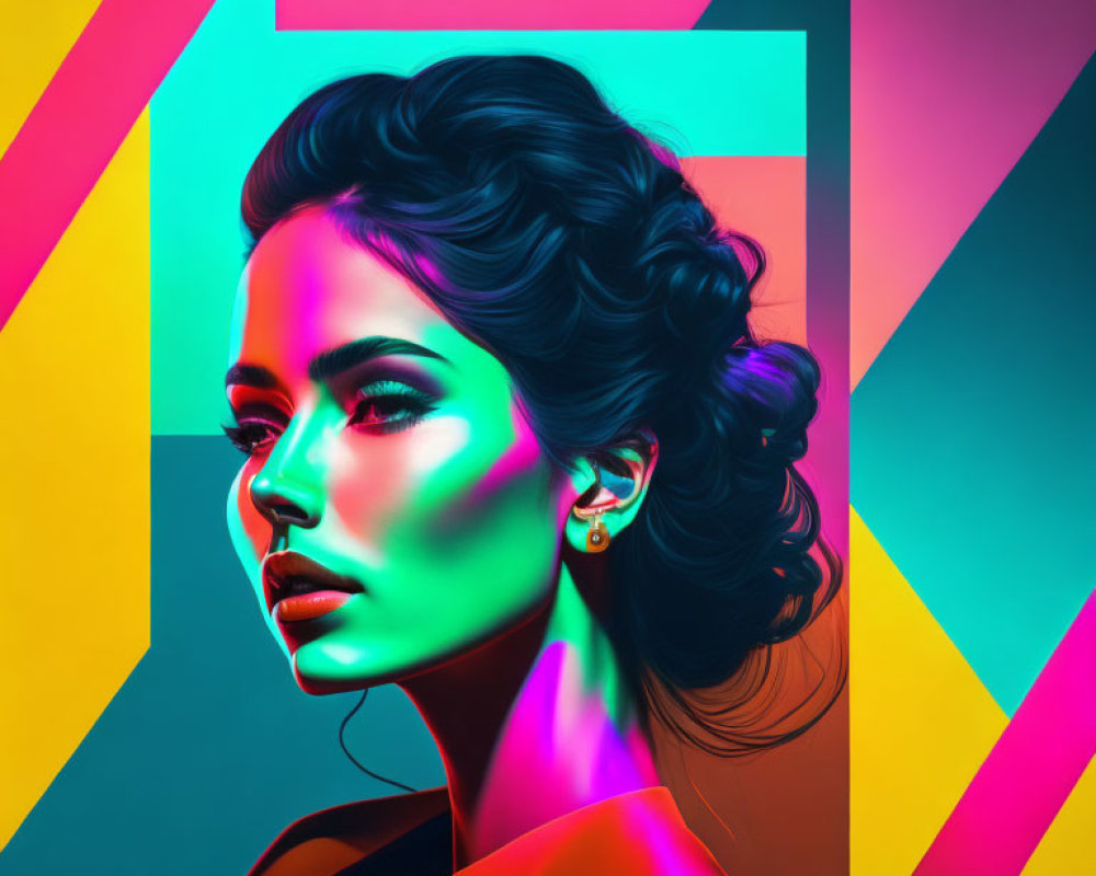 Colorful Neon Portrait of Woman with Stylish Hair and Makeup