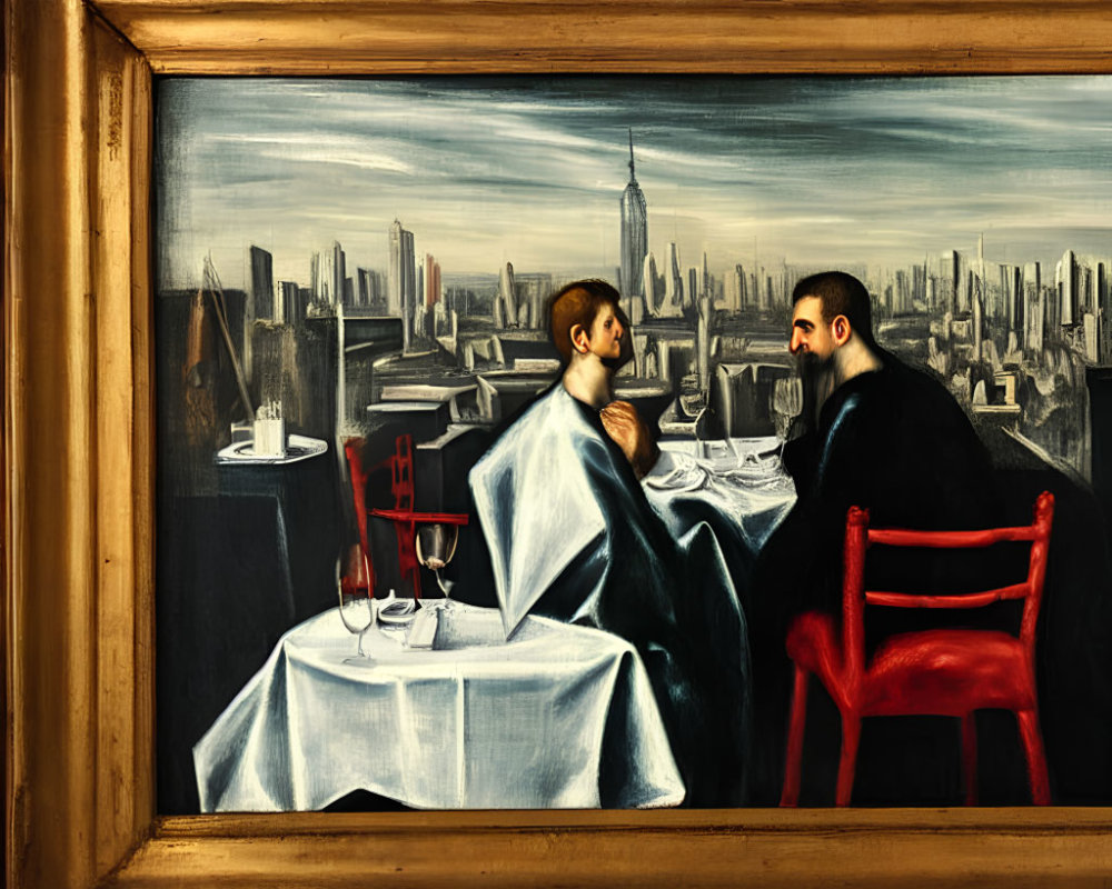 Men conversing at dining table with city skyline backdrop.