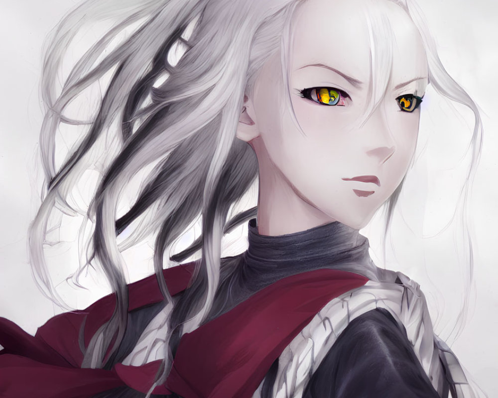 Character with Pale Skin, White Hair, Yellow Eyes, Dark Red Scarf, Black Top