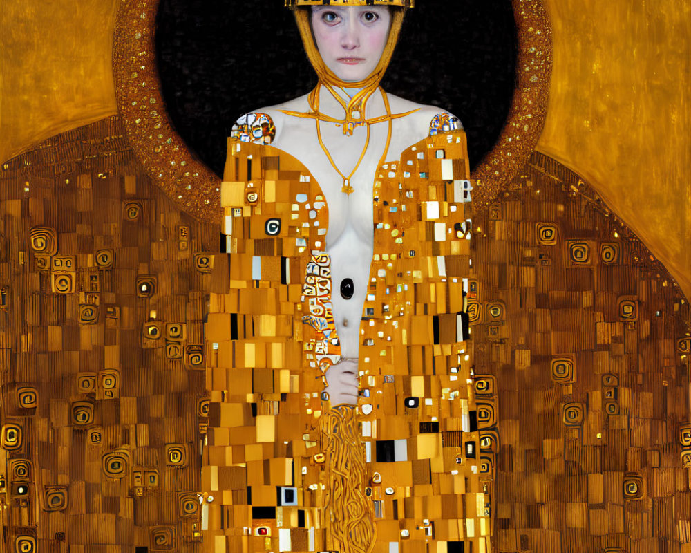 Golden mosaic-patterned gown woman in elaborate headdress against gold-embellished backdrop