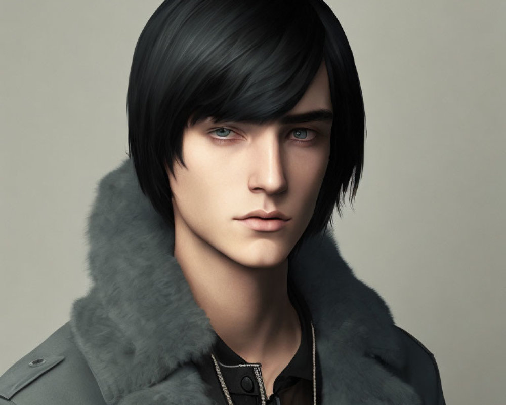 3D-rendered young man with black hair and blue eyes in fur collar jacket