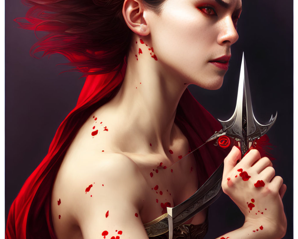 Red-haired woman in cloak wields sharp blade with blood splatters