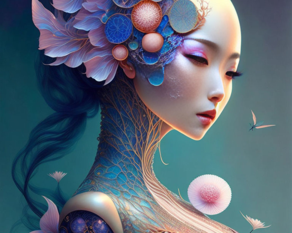 Digital Artwork: Woman with Floral Headdress and Serene Expression surrounded by Pink Flowers and Dragonflies