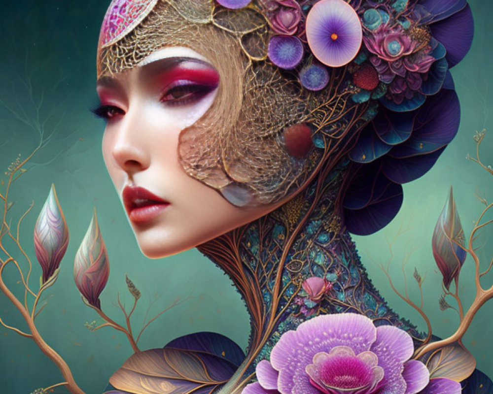 Colorful fantasy illustration of woman with floral motifs in hair