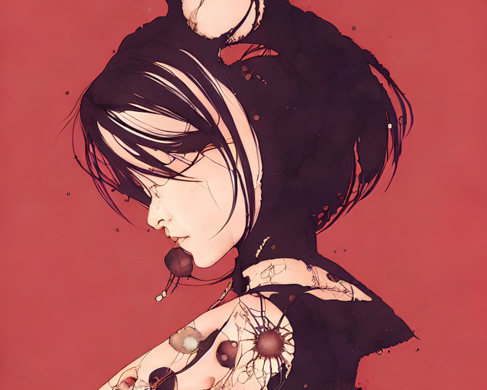 Illustration of girl with short hair on red background with abstract black ink splatters and whimsical circular