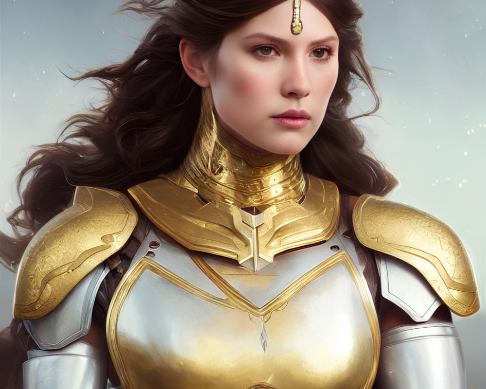 Detailed illustration of woman in golden medieval armor with jeweled headpiece