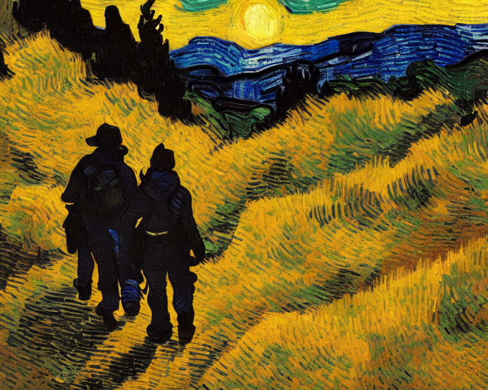 Silhouetted figures in vibrant yellow and blue landscape