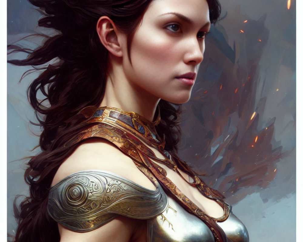 Intricate digital painting of woman with ornate crown and armor