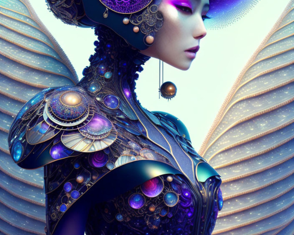 Futuristic digital art: Ornate metallic clothing, intricate headgear, shimmering wings