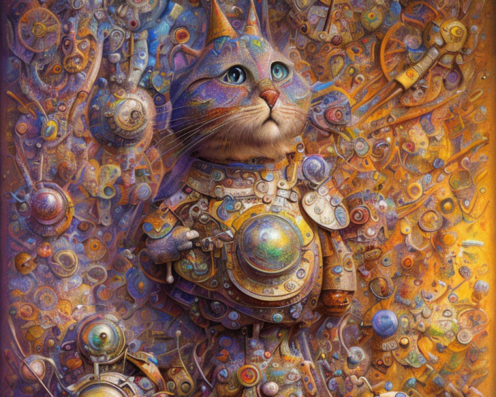 Whimsical anthropomorphic cat in steampunk armor surrounded by gears