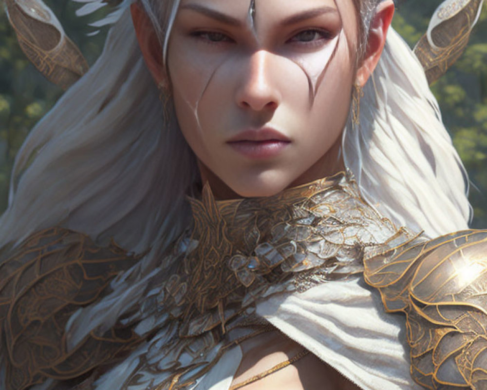 Fantasy character in golden armor with white hair and pointed ears