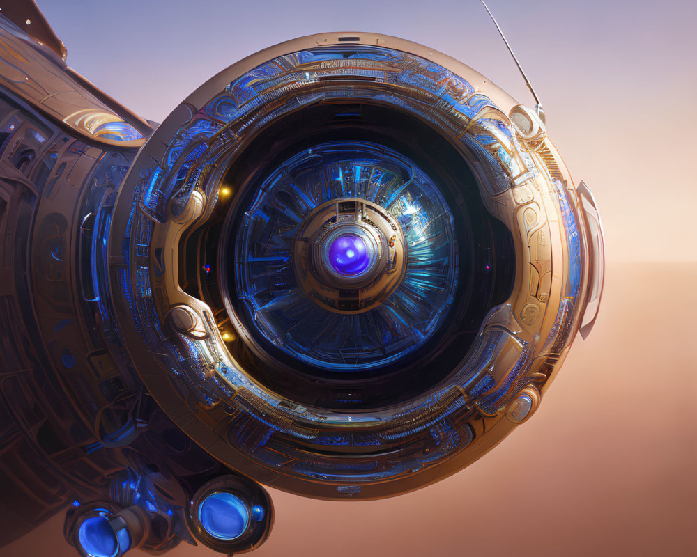 Detailed blue and gold futuristic spaceship above orange planet surface