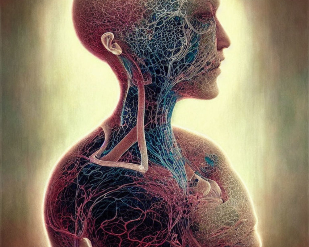 Detailed Human Figure Illustration with Transparent Skin and Visible Blood Vessels