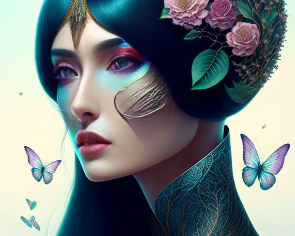 Surreal digital artwork: woman with blue hair, pink flowers, butterflies