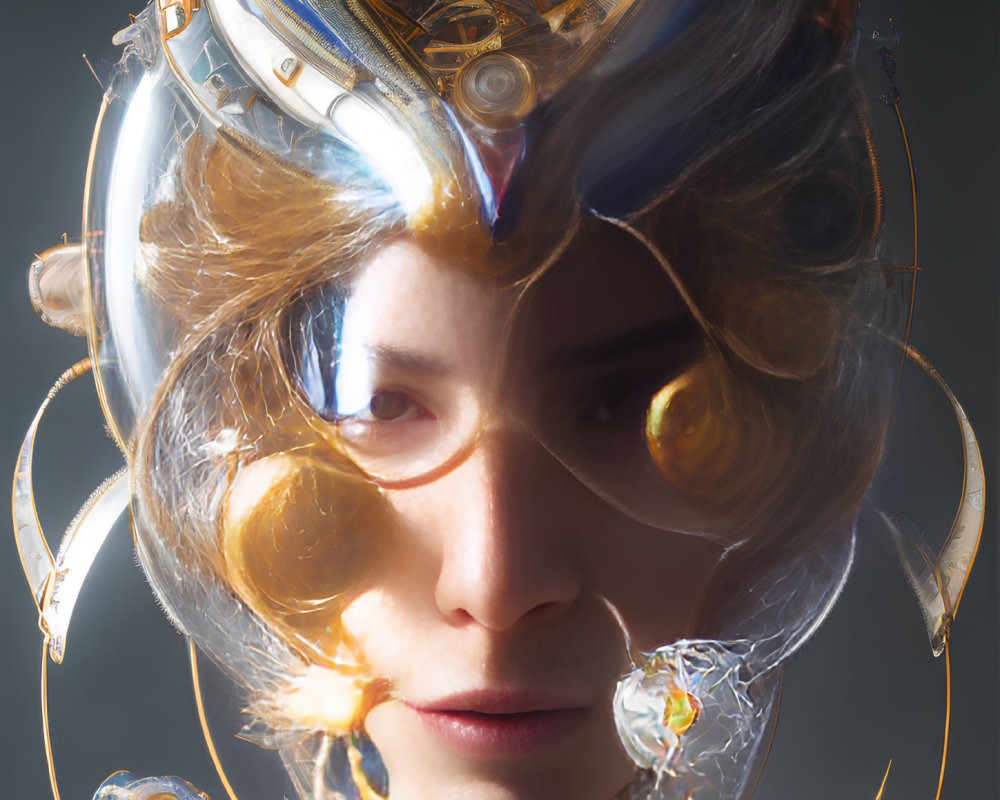 Detailed Close-Up of Person in Futuristic Golden Headgear