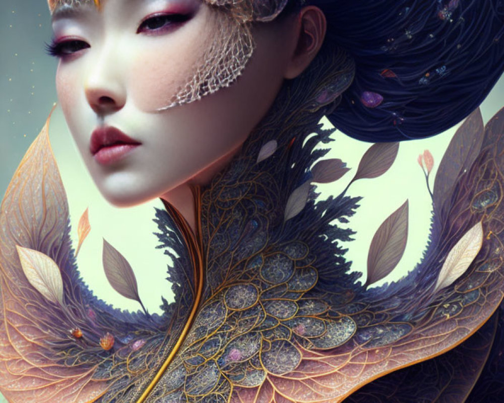 Detailed digital art portrait of a woman in ornate floral garment and fantastical headdress.