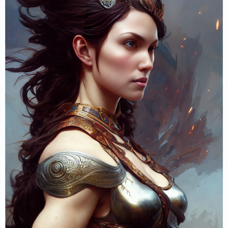 Intricate digital painting of woman with ornate crown and armor