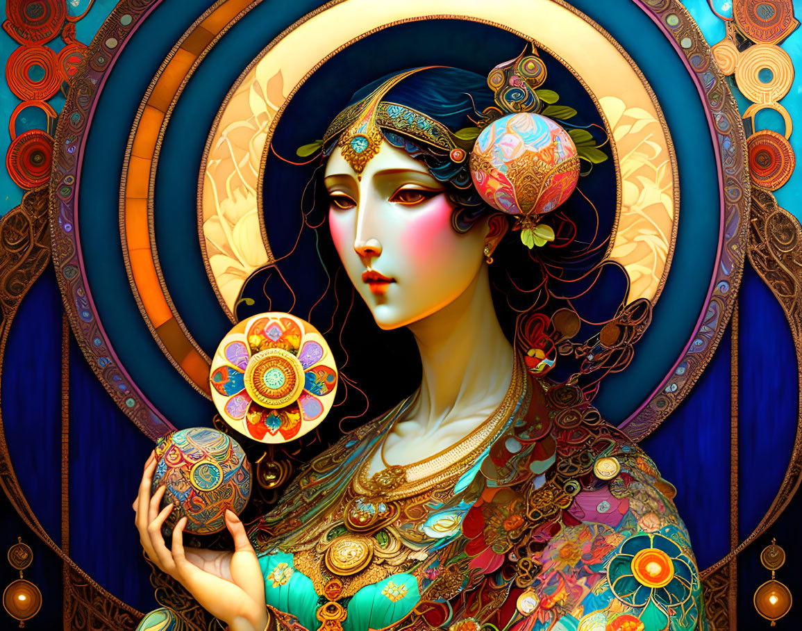 Colorful artwork of stylized woman with headdress holding patterned orb against ornate background