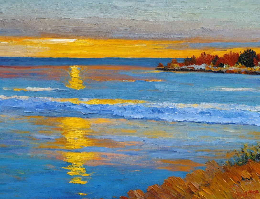 Vibrant sunset over the sea with reflections and waves reaching shore