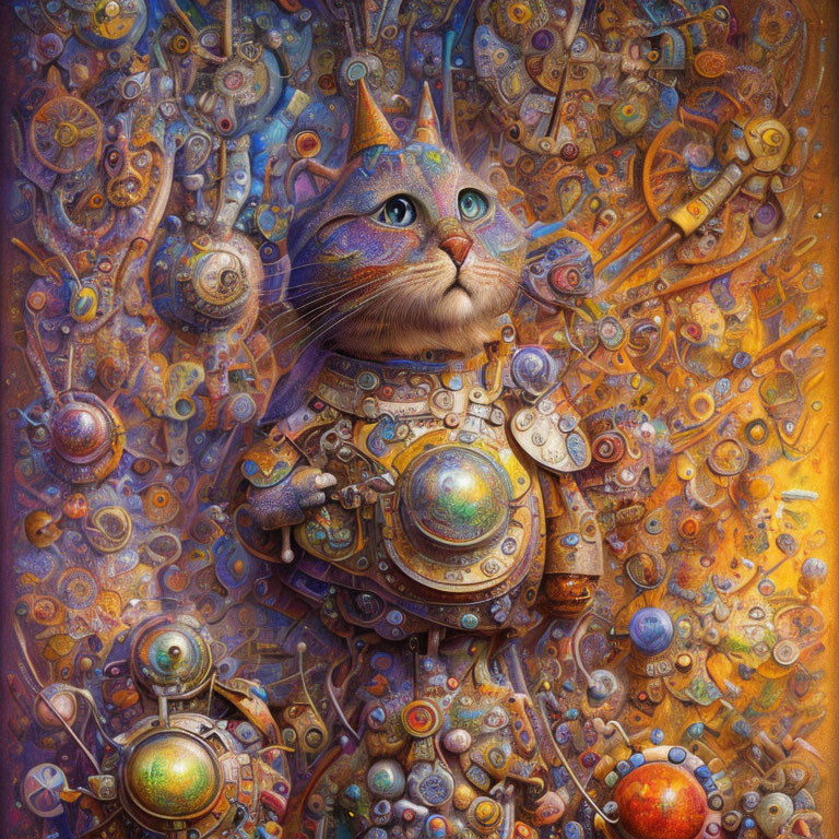 Whimsical anthropomorphic cat in steampunk armor surrounded by gears