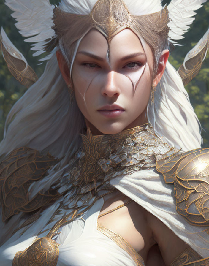 Fantasy character in golden armor with white hair and pointed ears