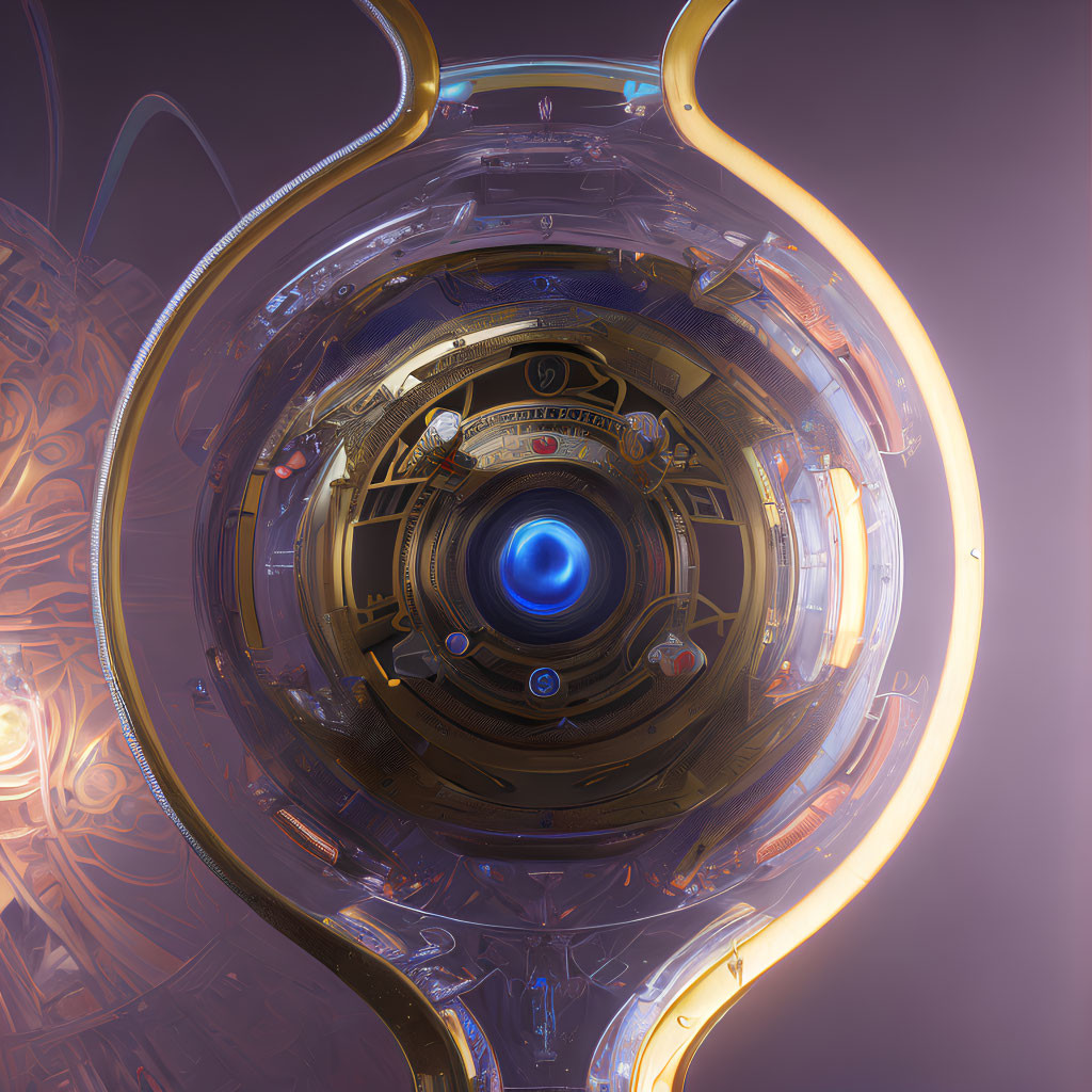 Futuristic spherical chamber with glowing blue core and intricate patterns surrounded by golden structures on purple backdrop