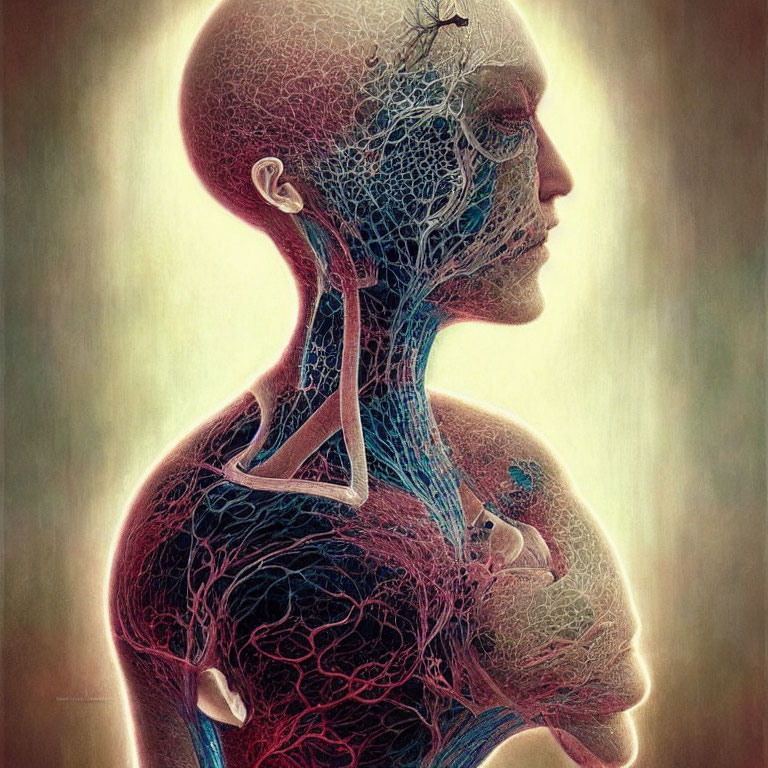 Detailed Human Figure Illustration with Transparent Skin and Visible Blood Vessels