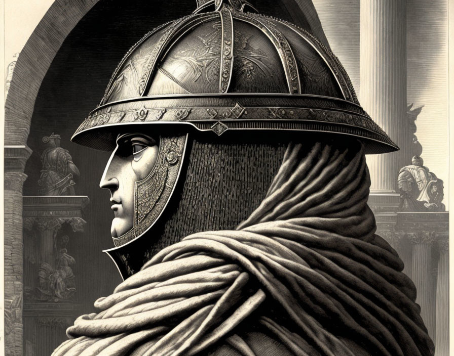 Detailed Engraving of Figure in Classical Helmet with Armor and Historical Scenes
